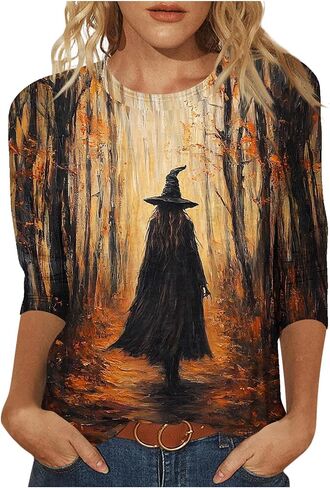 2025 Halloween Shirts for Women 3/4 Sleeve Witch Graphic Tees Vintage Festival Tops Crew Neck Sweatshirts Funny Gifts in Saudi Arabia