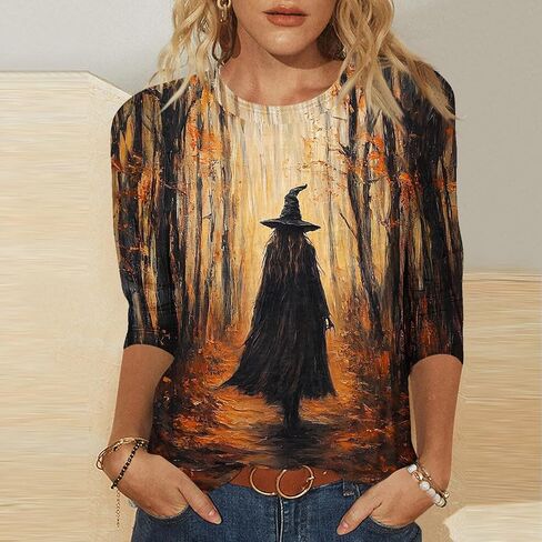 2025 Halloween Shirts for Women 3/4 Sleeve Witch Graphic Tees Vintage Festival Tops Crew Neck Sweatshirts Funny Gifts in Saudi Arabia