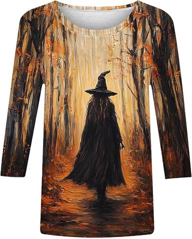 2025 Halloween Shirts for Women 3/4 Sleeve Witch Graphic Tees Vintage Festival Tops Crew Neck Sweatshirts Funny Gifts in Saudi Arabia