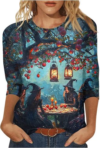 2025 Halloween Shirts for Women 3/4 Sleeve Witch Graphic Tees Vintage Festival Tops Crew Neck Sweatshirts Funny Gifts in Saudi Arabia