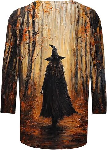 2025 Halloween Shirts for Women 3/4 Sleeve Witch Graphic Tees Vintage Festival Tops Crew Neck Sweatshirts Funny Gifts in Saudi Arabia