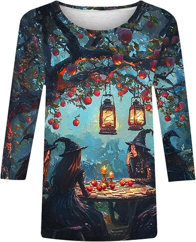 2025 Halloween Shirts for Women 3/4 Sleeve Witch Graphic Tees Vintage Festival Tops Crew Neck Sweatshirts Funny Gifts in Saudi Arabia