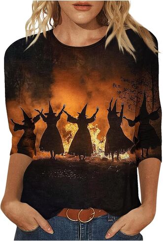 2025 Halloween Shirts for Women 3/4 Sleeve Witch Graphic Tees Vintage Festival Tops Crew Neck Sweatshirts Funny Gifts in Saudi Arabia