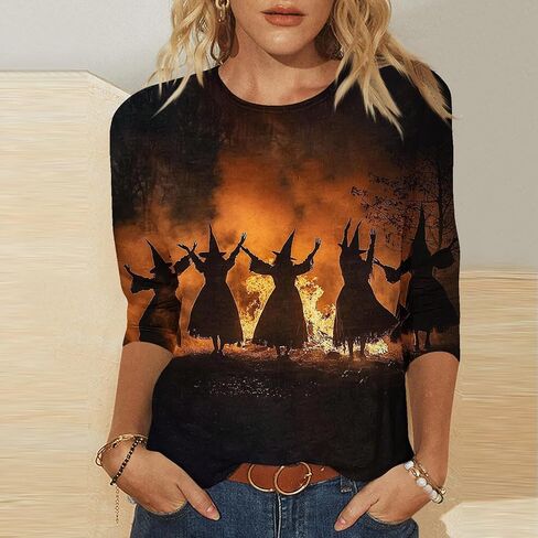 2025 Halloween Shirts for Women 3/4 Sleeve Witch Graphic Tees Vintage Festival Tops Crew Neck Sweatshirts Funny Gifts in Saudi Arabia