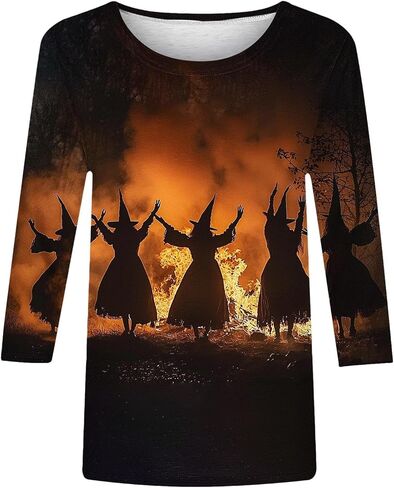 2025 Halloween Shirts for Women 3/4 Sleeve Witch Graphic Tees Vintage Festival Tops Crew Neck Sweatshirts Funny Gifts in Saudi Arabia