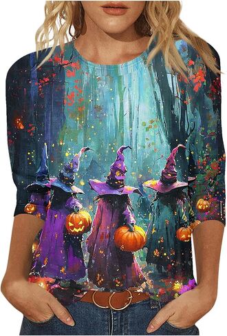 2025 Halloween Shirts for Women 3/4 Sleeve Witch Graphic Tees Vintage Festival Tops Crew Neck Sweatshirts Funny Gifts in Saudi Arabia