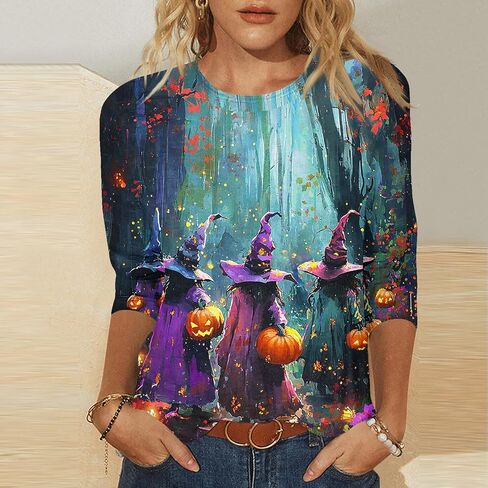 2025 Halloween Shirts for Women 3/4 Sleeve Witch Graphic Tees Vintage Festival Tops Crew Neck Sweatshirts Funny Gifts in Saudi Arabia