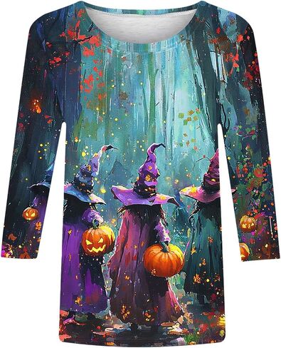 2025 Halloween Shirts for Women 3/4 Sleeve Witch Graphic Tees Vintage Festival Tops Crew Neck Sweatshirts Funny Gifts in Saudi Arabia