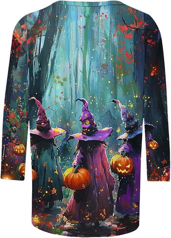 2025 Halloween Shirts for Women 3/4 Sleeve Witch Graphic Tees Vintage Festival Tops Crew Neck Sweatshirts Funny Gifts in Saudi Arabia