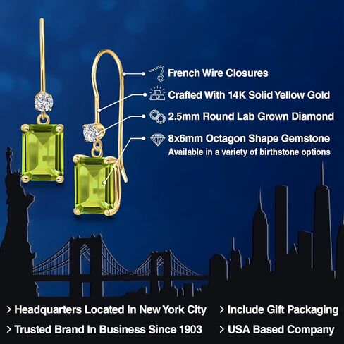Gem Stone King 14K Yellow Gold Gemstone Birthstone and Lab Grown Diamond Dangle Earrings for Women | Emerald Cut 8X6MM | Fine Jewelry Gifts for Her Mom Women Wife in Saudi Arabia