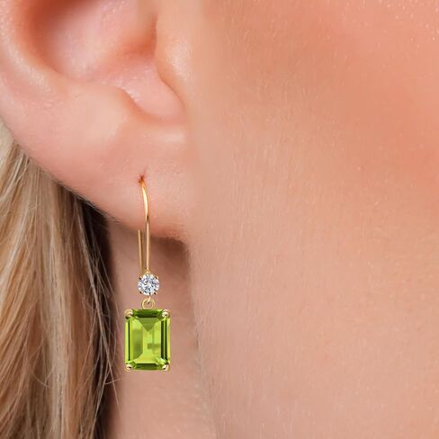 Gem Stone King 14K Yellow Gold Gemstone Birthstone and Lab Grown Diamond Dangle Earrings for Women | Emerald Cut 8X6MM | Fine Jewelry Gifts for Her Mom Women Wife in Saudi Arabia