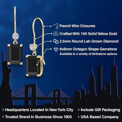 Gem Stone King 14K Yellow Gold Gemstone Birthstone and Lab Grown Diamond Dangle Earrings for Women | Emerald Cut 8X6MM | Fine Jewelry Gifts for Her Mom Women Wife in Saudi Arabia