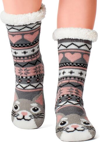 Fuzzy Slipper Socks for Women Girls Kids with Grips Warm Sherpa Lined Animal Cabin Socks Non Slip Indoor House Stocking Stuffers Christmas Gifts Cozy Winter in Saudi Arabia