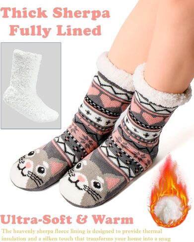 Fuzzy Slipper Socks for Women Girls Kids with Grips Warm Sherpa Lined Animal Cabin Socks Non Slip Indoor House Stocking Stuffers Christmas Gifts Cozy Winter in Saudi Arabia