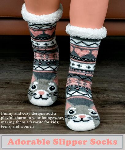Fuzzy Slipper Socks for Women Girls Kids with Grips Warm Sherpa Lined Animal Cabin Socks Non Slip Indoor House Stocking Stuffers Christmas Gifts Cozy Winter in Saudi Arabia