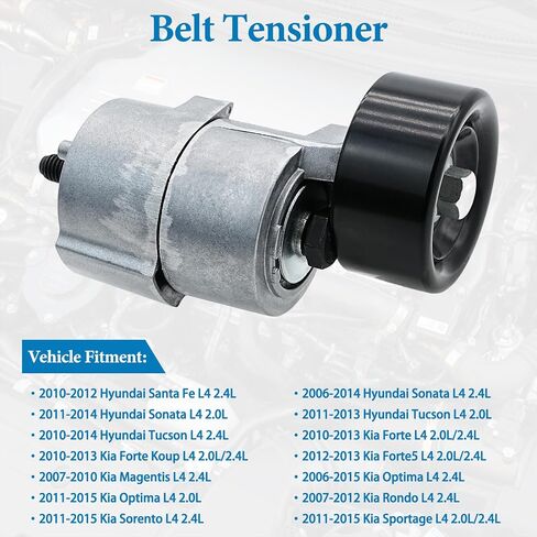 Belt Tensioner Assembly with Pulley Compatible with 2010-2014 Hyundai Tucson, 2006-2014 Sonata, 2011-2015 Kia Sportage, 2007-2010 Rondo, 2006-2015 Optima, 2010-2013 Forte Koup, Replaces# 2528125000 in Saudi Arabia