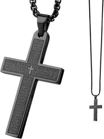 Pendant Cross for Car Rear View Mirror, Stainless Steel Lord's Prayer Mirrors Hanging Cross Charm with Bible Verse, Necklace Cross Auto Rearview Mirror Decor for Men Women (Black) in Kuwait