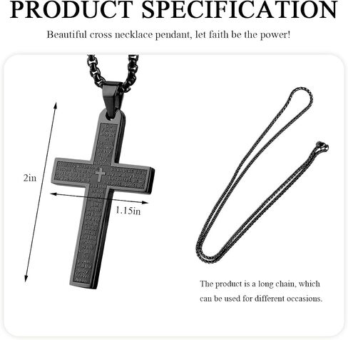 Pendant Cross for Car Rear View Mirror, Stainless Steel Lord's Prayer Mirrors Hanging Cross Charm with Bible Verse, Necklace Cross Auto Rearview Mirror Decor for Men Women (Black) in Kuwait