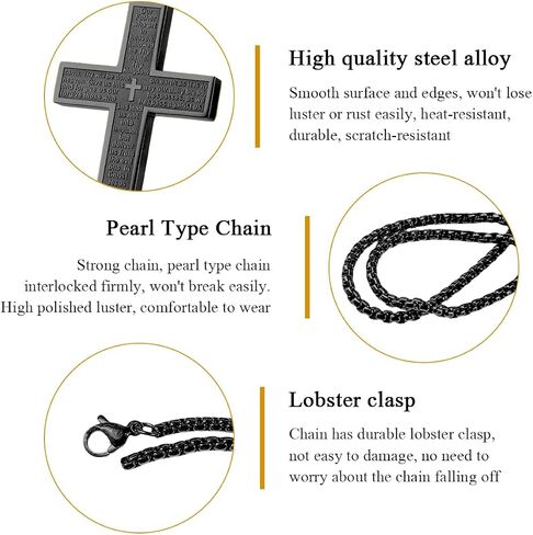 Pendant Cross for Car Rear View Mirror, Stainless Steel Lord's Prayer Mirrors Hanging Cross Charm with Bible Verse, Necklace Cross Auto Rearview Mirror Decor for Men Women (Black) in Kuwait