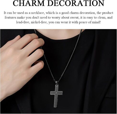 Pendant Cross for Car Rear View Mirror, Stainless Steel Lord's Prayer Mirrors Hanging Cross Charm with Bible Verse, Necklace Cross Auto Rearview Mirror Decor for Men Women (Black) in Kuwait
