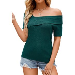 Women Asymmetrical One Off Shoulder Top, Short Sleeve Ribbed Knit Lightweight Sweater, Summer Going Out Trendy Outfit in Saudi Arabia