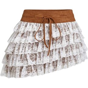 Makemechic المرأة غير المتماثلة تنورة تنورة زهرية الدانتيل الدانتيل الطبقة التعادل الجبهة المصغرة مطوية التنانير in Kuwait