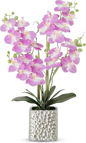 White Orchid Artificial Flowers with Gray Vase Fake Faux Silk Phalaenopsis Arrangement for Home Office Decoration Party Wedding Decor Indoor (3.54" D x 7.87" W x 20" H) in Kuwait