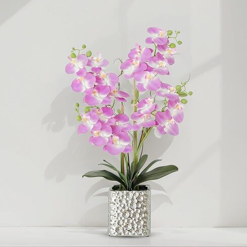 White Orchid Artificial Flowers with Gray Vase Fake Faux Silk Phalaenopsis Arrangement for Home Office Decoration Party Wedding Decor Indoor (3.54" D x 7.87" W x 20" H) in Kuwait