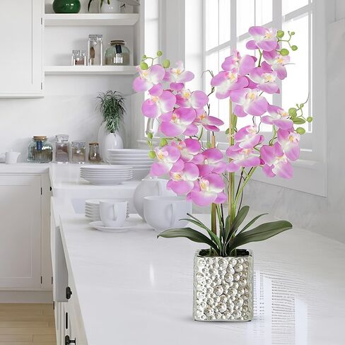 White Orchid Artificial Flowers with Gray Vase Fake Faux Silk Phalaenopsis Arrangement for Home Office Decoration Party Wedding Decor Indoor (3.54" D x 7.87" W x 20" H) in Kuwait