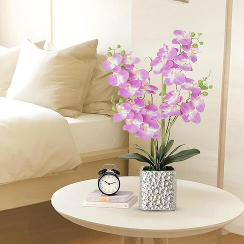 White Orchid Artificial Flowers with Gray Vase Fake Faux Silk Phalaenopsis Arrangement for Home Office Decoration Party Wedding Decor Indoor (3.54" D x 7.87" W x 20" H) in Kuwait