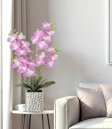 White Orchid Artificial Flowers with Gray Vase Fake Faux Silk Phalaenopsis Arrangement for Home Office Decoration Party Wedding Decor Indoor (3.54" D x 7.87" W x 20" H) in Kuwait