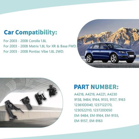 مجموعة 4pcs محرك Trans Mount مجموعة لتويوتا Corolla Matrix Pontiac Vibe 1.8L MT 2003-2008 A4218 A4219 A4221 A4230 Direct Fit Computer تم اختبار 12 شهرًا تم اختبارها لمدة 12 شهرًا in Saudi Arabia