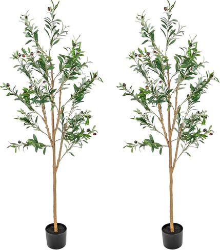 Sunnydaze Fake Olive Tree - 6ft Tall Faux Olive Tree with Pot - Indoor Artificial Plant with Black Weighted Base and Silk Leaves - Set of 2 in Kuwait