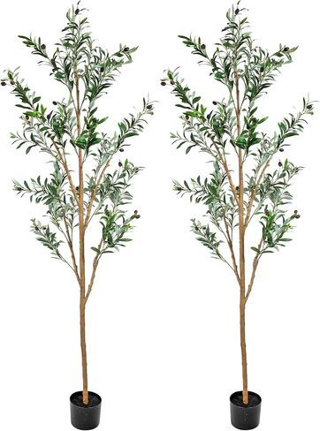 Sunnydaze Fake Olive Tree - 6ft Tall Faux Olive Tree with Pot - Indoor Artificial Plant with Black Weighted Base and Silk Leaves - Set of 2 in Kuwait