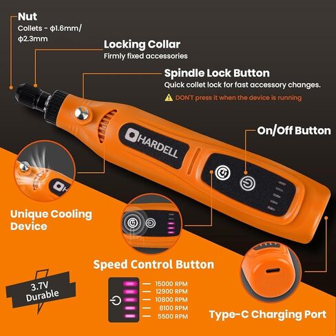 HARDELL Mini Cordless Rotary Tool, 5-Speed Type-C Charging Rotary Tool Kit with 43 Accessories, 3.7V Power Rotary Tool for Sanding, Polishing, Engraving, Carving, Grinding, DIY Crafts in Kuwait