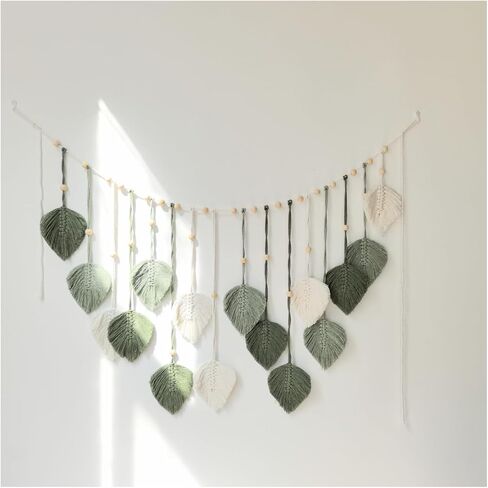 Macrame Leaf Wall Hanging 47x26'' Handmade Textile Hanging Boho Woven Tapestry Wall Art Decor with 10pcs Photo Clips for Bedroom Living Room Study Room in Saudi Arabia