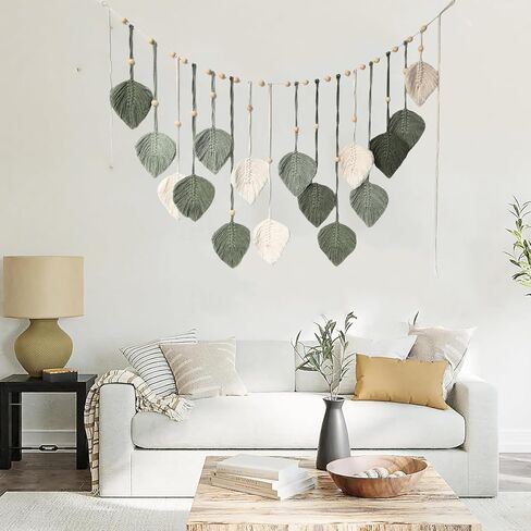 Macrame Leaf Wall Hanging 47x26'' Handmade Textile Hanging Boho Woven Tapestry Wall Art Decor with 10pcs Photo Clips for Bedroom Living Room Study Room in Saudi Arabia