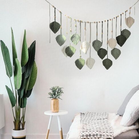 Macrame Leaf Wall Hanging 47x26'' Handmade Textile Hanging Boho Woven Tapestry Wall Art Decor with 10pcs Photo Clips for Bedroom Living Room Study Room in Saudi Arabia