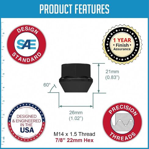 Wheel Accessories Parts 24 Pcs M14x1.5 14x1.5 Thread Open End Bulge Acorn 21mm 0.83" Long Lug Nuts Black 7/8" 22mm Hex Fits Chevy Silverado 1500 Tahoe ｜ GMC Sierra 1500 ｜ Ram 1500 in Saudi Arabia