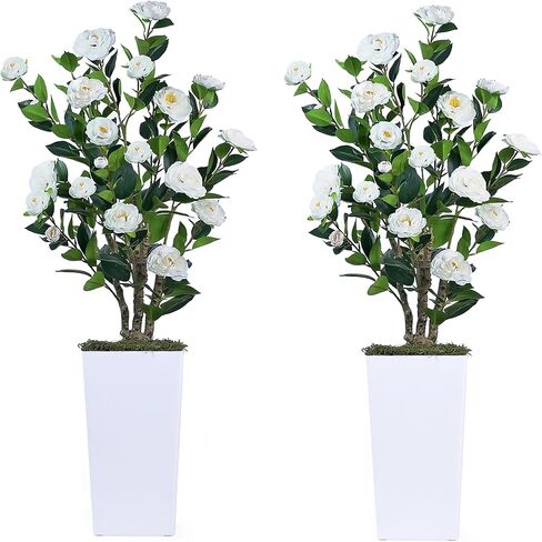 2Pack Artificial Camellia Tree with White Tall Planter – 4FT Faux Camellia Plant in Pot with Red Flowers, Greenery Potted Plant for Indoor Outdoor Office Home Porch Decor in Saudi Arabia