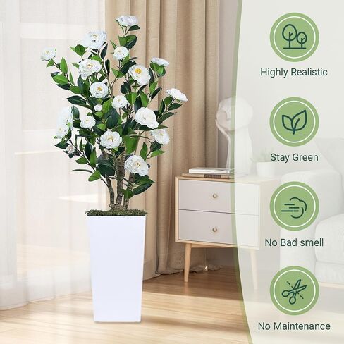 2Pack Artificial Camellia Tree with White Tall Planter – 4FT Faux Camellia Plant in Pot with Red Flowers, Greenery Potted Plant for Indoor Outdoor Office Home Porch Decor in Saudi Arabia