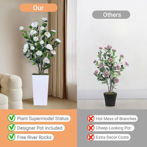 2Pack Artificial Camellia Tree with White Tall Planter – 4FT Faux Camellia Plant in Pot with Red Flowers, Greenery Potted Plant for Indoor Outdoor Office Home Porch Decor in Saudi Arabia