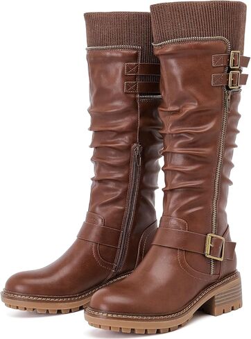 Women's Slouchy Knee High Boots Low Heel Comfort Round Toe Tall Calf Flat Riding Combat Boots for Women. in Kuwait