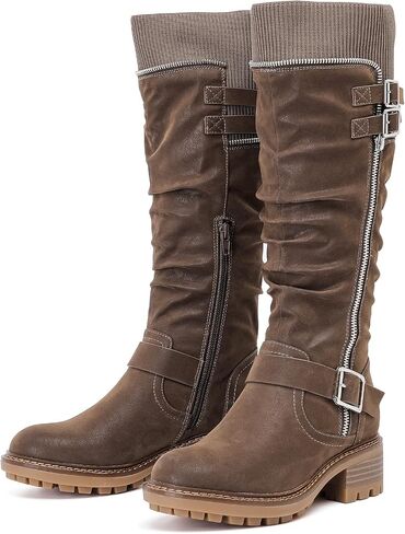 Women's Slouchy Knee High Boots Low Heel Comfort Round Toe Tall Calf Flat Riding Combat Boots for Women. in Kuwait