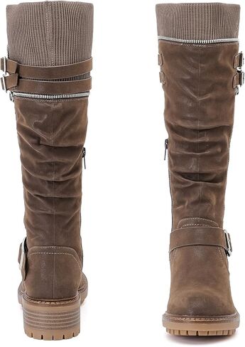 Women's Slouchy Knee High Boots Low Heel Comfort Round Toe Tall Calf Flat Riding Combat Boots for Women. in Kuwait