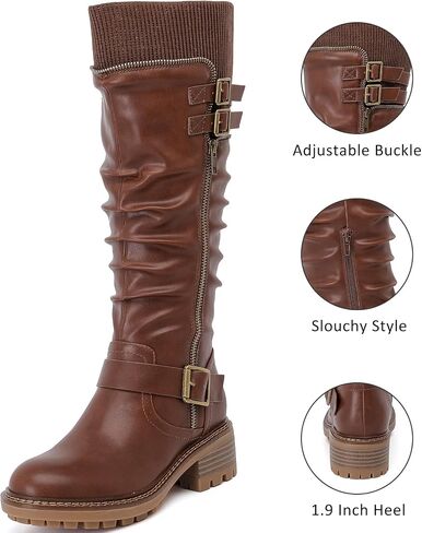 Women's Slouchy Knee High Boots Low Heel Comfort Round Toe Tall Calf Flat Riding Combat Boots for Women. in Kuwait