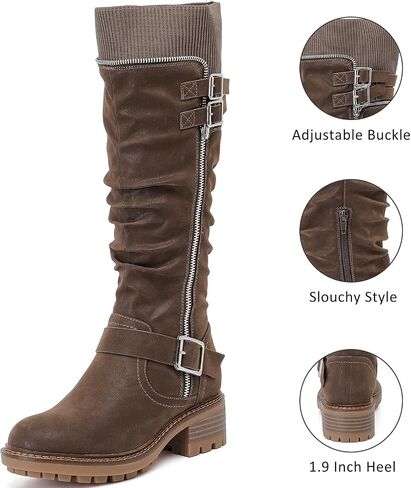 Women's Slouchy Knee High Boots Low Heel Comfort Round Toe Tall Calf Flat Riding Combat Boots for Women. in Kuwait
