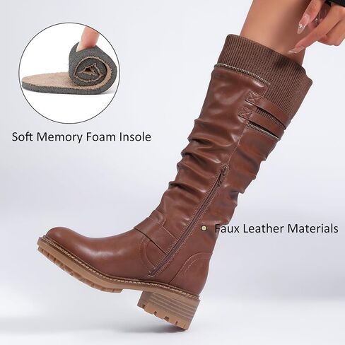 Women's Slouchy Knee High Boots Low Heel Comfort Round Toe Tall Calf Flat Riding Combat Boots for Women. in Kuwait