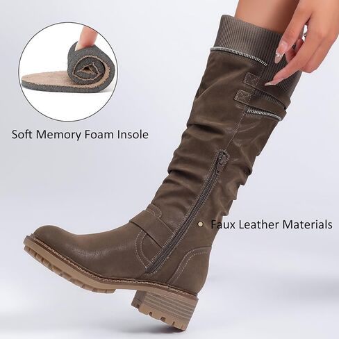 Women's Slouchy Knee High Boots Low Heel Comfort Round Toe Tall Calf Flat Riding Combat Boots for Women. in Kuwait