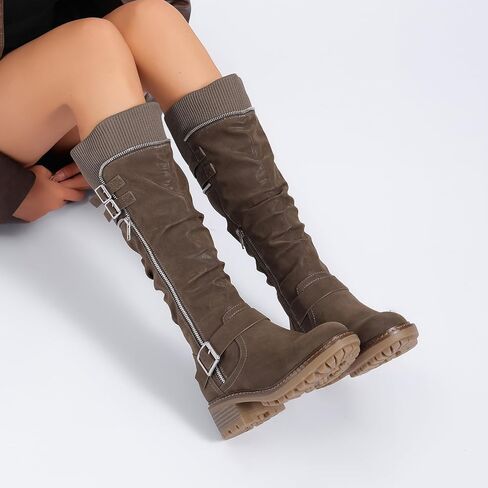 Women's Slouchy Knee High Boots Low Heel Comfort Round Toe Tall Calf Flat Riding Combat Boots for Women. in Kuwait